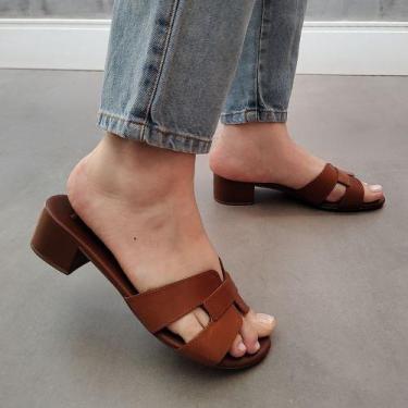 Imagem de Sandália Tamanco Yape H Salto Médio Couro Legítimo, Marrom, 37