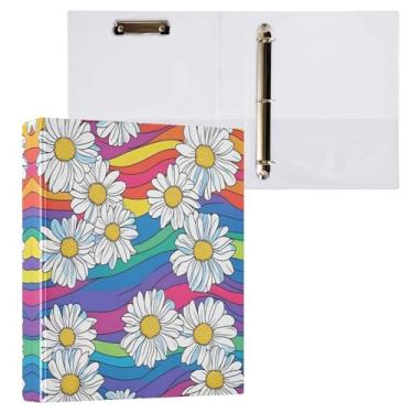 Imagem de Qilmy Organizador de fichário com listras coloridas e margaridas brancas, fichário de 3 anéis com prancheta (carta A4), fichário fofo para material de escritório escolar 311