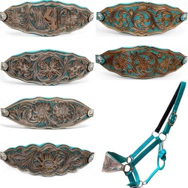 Imagem de Majestic Ally Cabresto de bronze Western Horse, faixa de nariz de couro acolchoado turquesa, acabamento antigo, design floral trabalhado, nylon ajustável (cavalo herança, turquesa, completo)