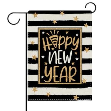 Imagem de Dyrenson Feliz Ano Novo 2026 Bandeira decorativa de jardim, listras pretas brancas com glitter estrelas quintal decoração de casa, decoração pequena de Natal inverno serapilheira ao ar livre dupla
