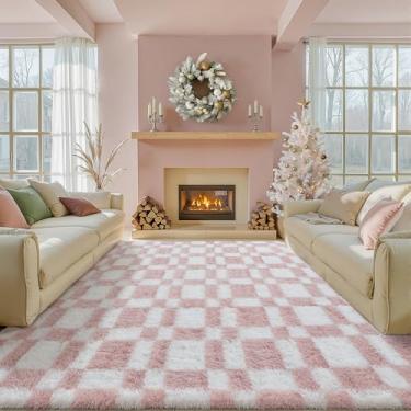 Imagem de HUGEAR Tapete quadriculado 15 x 23 cm para sala de estar, rosa e branco, moderno, lavável, tapete de área grande, supermacio, tapete felpudo fofo aspirável para quarto, decoração de casa