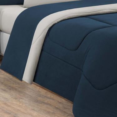 Imagem de Kit Edredom + Jogo De Lençol Malha 100% Algodão Gran Moratta 7 Peças Casal - Azul Marinho/Palha