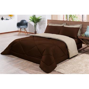 Imagem de Kit Edredom + Jogo De Lençol Aconchego Look House Dupla Face Casal Queen 06 Peças - Marrom E Caqui