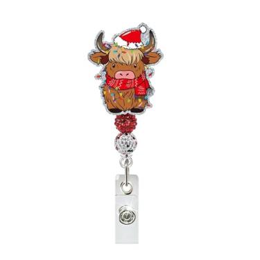 Imagem de Carretel de crachá de Natal bonito porta-crachá retrátil de vaca com clipe jacaré, cordão de luzes de gado de Natal engraçado, crachá, carretéis de crachá de inverno, carretéis de crachá, acessórios