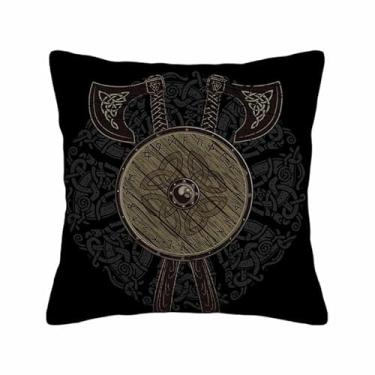 Imagem de Husandy Capas de almofada preta Odin Viking design cruzado machados de batalha e escudo com as runas escandinavas capa de almofada antiga 45,7 x 45,7 cm capa de almofada para festa em casa