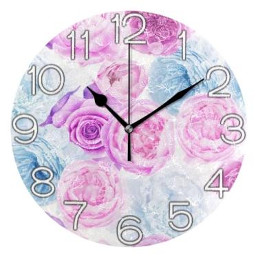 Imagem de Relógio de parede decorativo analógico relógio de cozinha rústico estético silencioso sem tique-taque, decoração de parede de sala de estar moderna, peônias coloridas pastel, 25 cm, ponteiros pretos