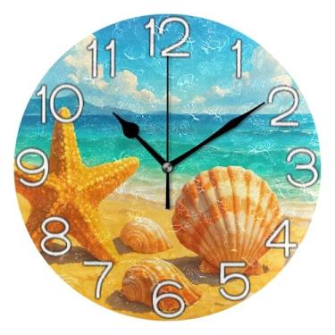 Imagem de Relógio de parede analógico decorativo estético silencioso sem tique-taque relógio de cozinha fofo, decoração de parede de casa de fazenda moderna, concha pastel estrela do mar azul mar, 25 cm