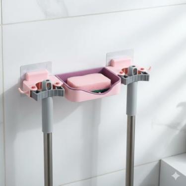 Imagem de Suporte de Parede para Vassoura Rodo e Sabonete Fixação Adesiva com Ganchos Laterais