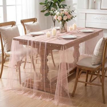 Imagem de Horaldaily Toalha de mesa de gaze rosa pérola rosa 132 × 187 cm, retangular, primavera verão, tule renda, toalha de mesa de chá de noiva, para decoração de mesa de aniversário de casamento
