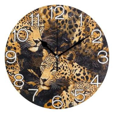 Imagem de GAIGEO Relógio de parede analógico decorativo relógio de cozinha bonito operado a bateria, decoração de parede de casa de fazenda moderna, leopardo selvagem marrom realista, 25 cm, ponteiros pretos