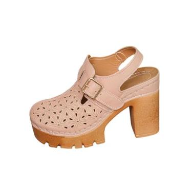 Imagem de Sandálias femininas primavera verão bico fechado salto alto PU plataforma casual confortável, Caqui, 39