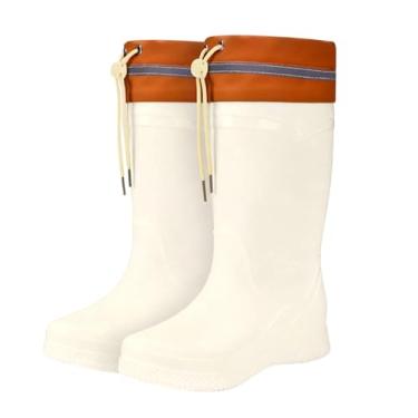 Imagem de Botas de chuva femininas modernas com cordão longo de lã à prova d'água casual confortável exterior interior PVC superior, Branco, 35