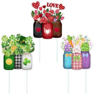 Imagem de Thyle 3 peças de placa de plástico para jardim feliz dia dos namorados, pote de pedreiro de Páscoa para dia de São Patrício, placas de gramado de plástico com estacas trevos de coração, ovo de Páscoa