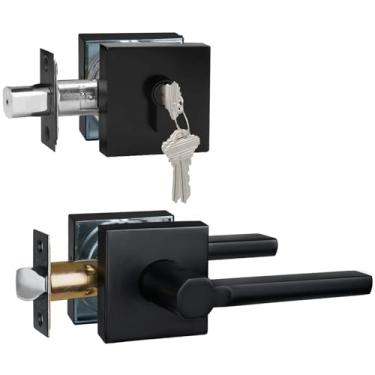 Imagem de HISAFE 1 conjunto de maçaneta de porta de passagem e conjunto de fechadura de fechadura de cilindro único, alça quadrada resistente para entrada e porta da frente, preto fosco