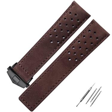 Imagem de EKSIL Pulseira de relógio com fivela dobrável de couro genuíno para relógio Tag Heuer 20 mm 22 mm cinza preto marrom pulseira de couro vaca (marrom preto, 22 mm)