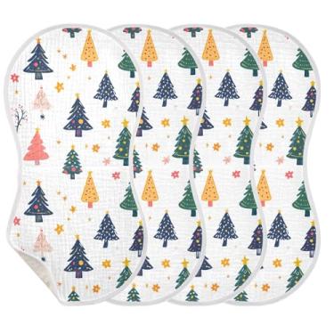 Imagem de Wassud Pacote com 4 panos coloridos de musselina para arrotos de árvores de Natal, babadores de algodão, toalhas de rosto absorventes e macios para arrotos para meninos e meninas recém-nascidos