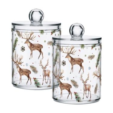 Imagem de xigua Pacote com 2 lindos suportes de cervos Qtip para bolas de algodão, cotonete – Frasco de boticário de plástico transparente e versátil para armazenamento de maquiagem de banheiro e organização