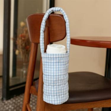 Imagem de Manga para copo com isolamento quadriculado, suporte de copo de tecido acolchoado com alça, bolsa térmica portátil para garrafa de água (azul)