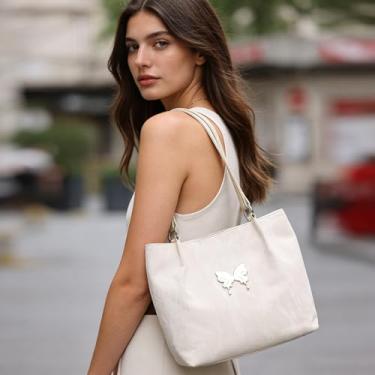 Imagem de Bolsa branca média, bolsa de mão prática simples de cor sólida, bolsa tiracolo versátil clássica para mulheres, tarefas diárias de compras e passeios