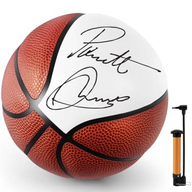 Imagem de Hiboom Basquete em branco com um grande branco e 6 painéis marrons Memorabilia de autógrafos tamanho oficial 1 com bomba de ar para prêmios, troféu, treinador de basquete, presente para amantes de