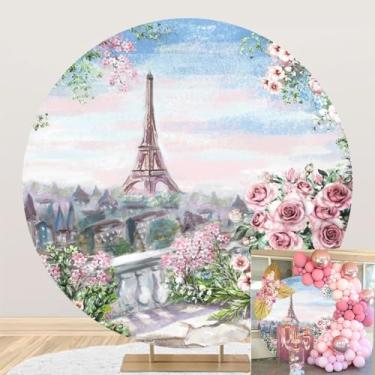 Imagem de TTQYFNM Capa de fundo redonda da Torre Eiffel de Paris de 1,8 x 1,8 m de poliéster, cenário de varanda, rosa, floral, pintura a óleo, fundo fotográfico, para casamento, festa de aniversário