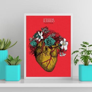 Imagem de Quadro Coração Frida Khalo Moldura Branca Com Vidro 33X24Cm