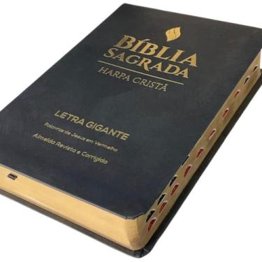 Imagem de Bíblia letra gigante almeida rc harpa cristã cpad preta com índice pal