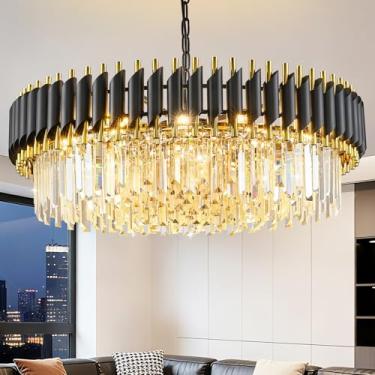 Imagem de YOLIZUOT Lustre de cristal preto e dourado 76 cm K9 cristal luxuoso redondo luzes pendentes ajustáveis 6 camadas 12 luzes grande moderno lustre de cristal luz para sala de jantar, sala de estar