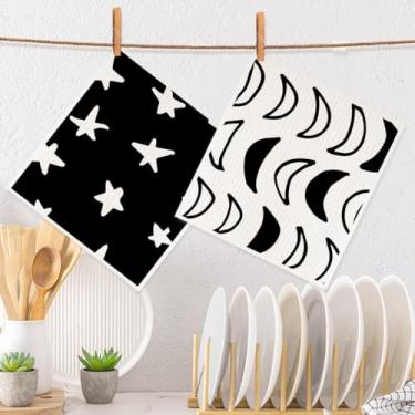 Imagem de 2 peças de panos de prato suecos impressos em preto e branco e lua estrela, para cozinha, papel super absorvente, reutilizável, lavável, secagem rápida, lavável na máquina de lavar louça, para casa de