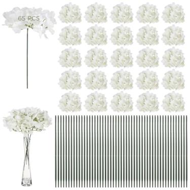 Imagem de OMISTAR 65 peças de flores de hortênsia brancas falsas artificiais a granel - flor branca de seda com caule, buquê de hortênsia de flor total para casamento, festa, decoração de casa, arranjos florais