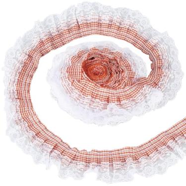 Imagem de GORGECRAFT Acabamento de renda de chiffon plissado de 1,8 m de 2,5 cm laranja reunido xadrez, tecido de organza com babados, tecido bordado com apliques para costura de vestido