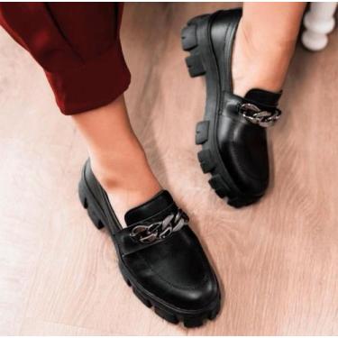 Imagem de Mocassim Feminino Tratorado Corrente Preto Verniz Confortável - Klout,
