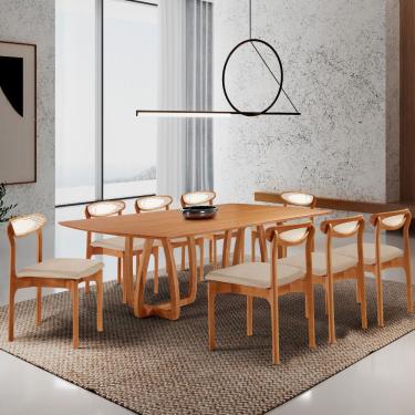 Imagem de Sala De Jantar Mesa Flora Tampo Laminado Barril 8 Cadeiras Vel Creme /imbuia Nat/cinam. Imbuia