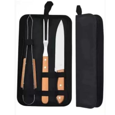 Imagem de Jogo Para Churrasco 3 Peças Aço Inox Cabo de Madeira Com Estojo Acessórios Kit Churrasco 36 X 22 cm 1 Faca 1 Forquilha 1 Pegador 0006