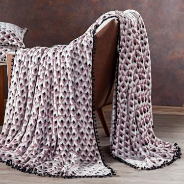 Imagem de Manta Cobertor Queen Avulsa Plush Aveludado Preto/vinho Dupla Face - Fleece Flannel Super Macio Com Acabamento Pompom