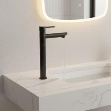 Imagem de Torneira Banheiro Lavabo Pia Bancada Cuba Alta Preta Aço Inox Bica Reta Gourmet Abertur...