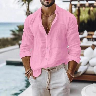 Imagem de Camisa Masculina De Verão Leve E Respirável Em Algodão E Linho, Cor Só