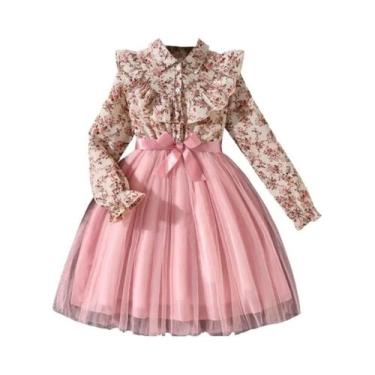 Imagem de Vestido Estilo Camponesa Com Estampa Floral Para Meninas, Rosa Com Bar