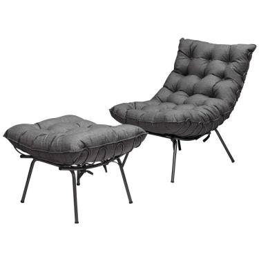 Imagem de Poltrona Costela Adão Ferro Puff Estrutura Preto Para Sala Moderna Decorativa Linho Grafite