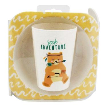 Imagem de Kit 4 Conjunto Refeição Infantil Kit Papinha Decorado - Bege c/ Urso, Veado e Raposa