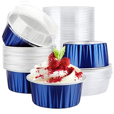 Imagem de EUSOAR Mini frigideiras de alumínio com tampas, 30 peças de folhas de alumínio descartáveis de 142 g, forros de cupcake de ramequins, copos de sobremesa com tampas, forma de cheesecake de alumínio,