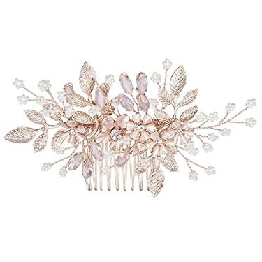 Imagem de Pente de cabelo de casamento HapiBuy pente de cabelo de noiva de pérola simulada de cristal de ouro rosa para noiva e dama de honra