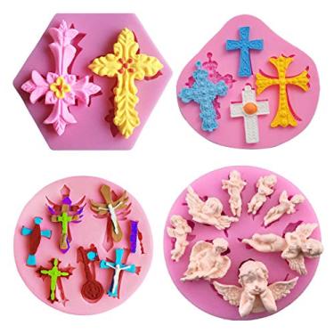 Imagem de HiParty Molde de bolo cruzado com asas, molde de pasta de silicone, batismo para festa, bolo, cupcake, decoração de cupcake, suprimentos de polímero, argila, molde de resina para chá de bebê, molde de chocolate