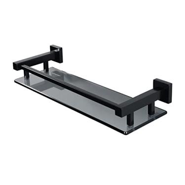 Imagem de KIZQYN Prateleira de banheiro prateleira de vidro de banheiro alumínio vidro temperado grosso retangular organizador de armazenamento de 1 camada montagem na parede prateleiras flutuantes de vidro prateleiras de parede de banheiro (cor: preto fosco)