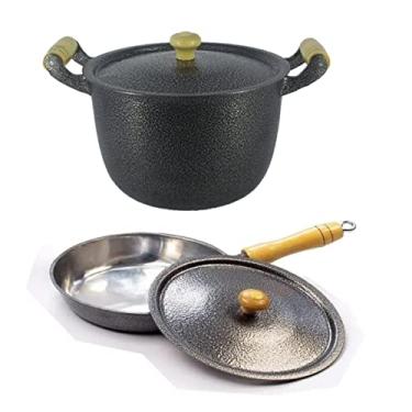 Imagem de Kit Frigideira 22cm de Alumínio Preta Com Tampa Leve e Caldeirão de Alumínio Preto para Feijão com Tampa leve 16 cm 1,7 litros