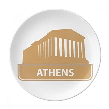 Imagem de Prato de sobremesa de porcelana decorativa com estampa de marco amarelo da Grécia de Atenas, 20 cm, jantar em casa