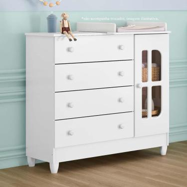 Imagem de Cômoda Infantil Bebê Gabrielle 4 Gavetas com Porta Fraldário Branco Carolina Baby