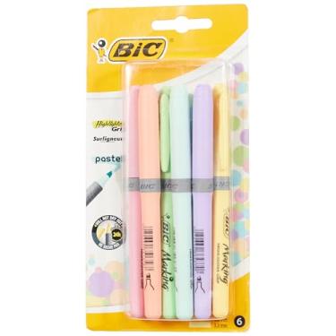 Imagem de BIC Marca-texto Grip Pastel, canetas marca-texto com ponta de cinzel ajustável, aderência de borracha para conforto extra, cores sortidas, pacote com 6