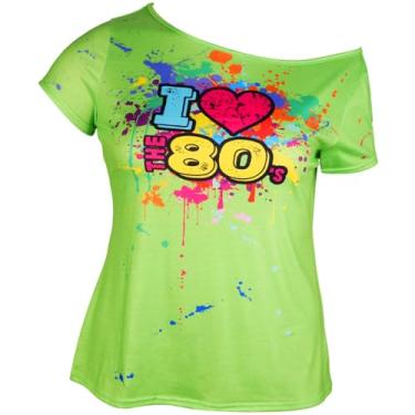 Imagem de Roupa feminina anos 80 plus size I Love The 80's Costumes 80s camiseta tomara que caia roupas neon superdimensionadas (verde neon, 2GG)