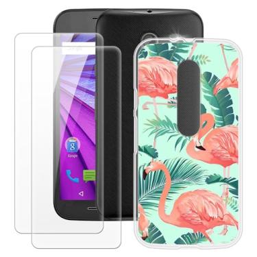 Imagem de MILEGOO Capa para Motorola Moto G3 + 2 peças protetoras de tela de vidro temperado, à prova de choque, capa de TPU de silicone macio para Motorola Moto G3 (5 polegadas) Flamingo
